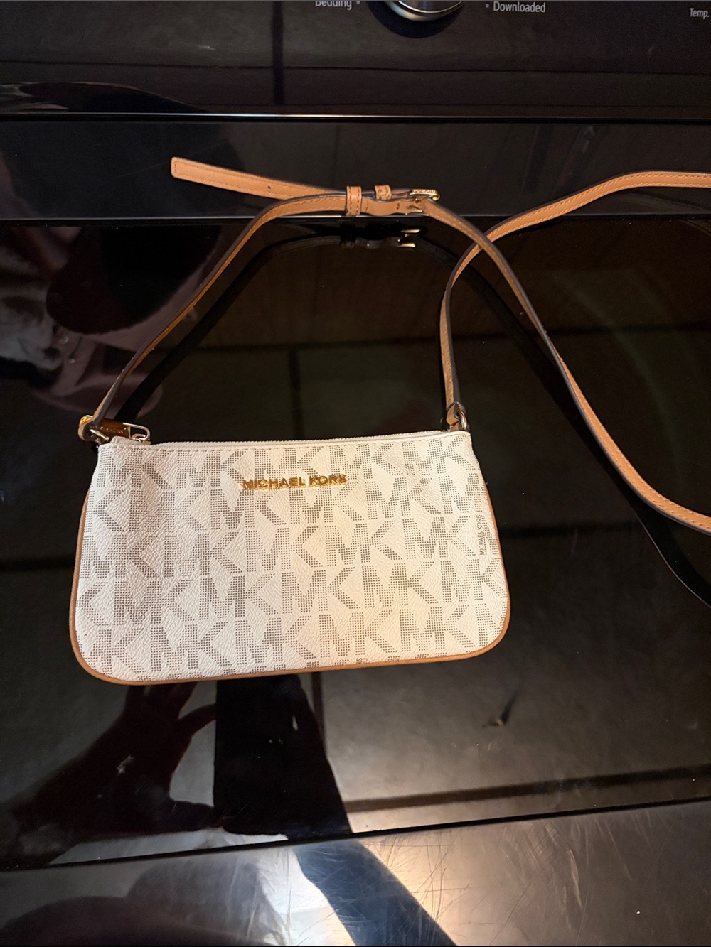 Michael Kors White MK Logo Crossbody with Tan Trim and Strap
